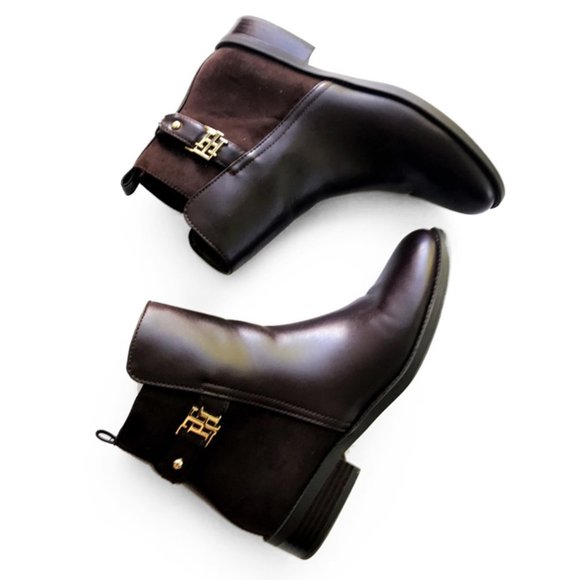 Tommy Hilfiger Irsela Brown Gold Ankle Zip Leather Booties - Picture 2 of 13